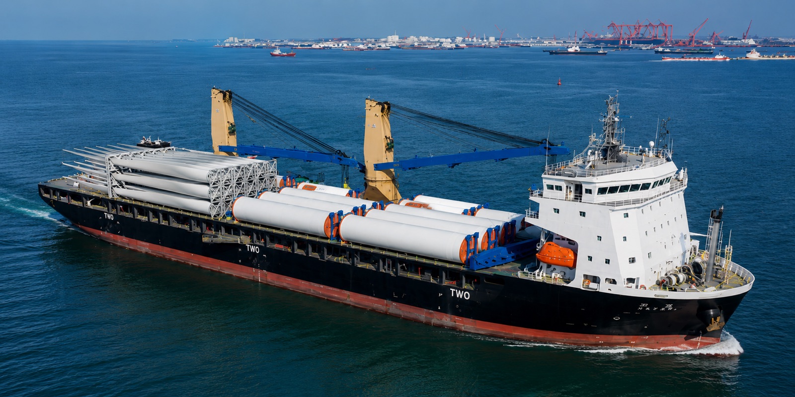 Heavy-lift vessel carrying wind turbine components on deck